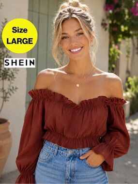 3/for $15 🍒 SHEIN Off-the-Shoulder Brown Crop Top,Billow Sleeves (Women’s Large)